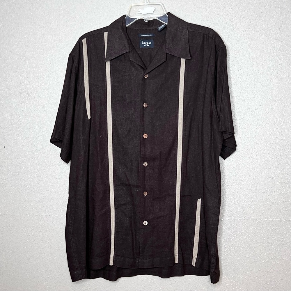 Haggar Mens L Brown Short Sleeve Button Up Shirt Washable Linen Blend